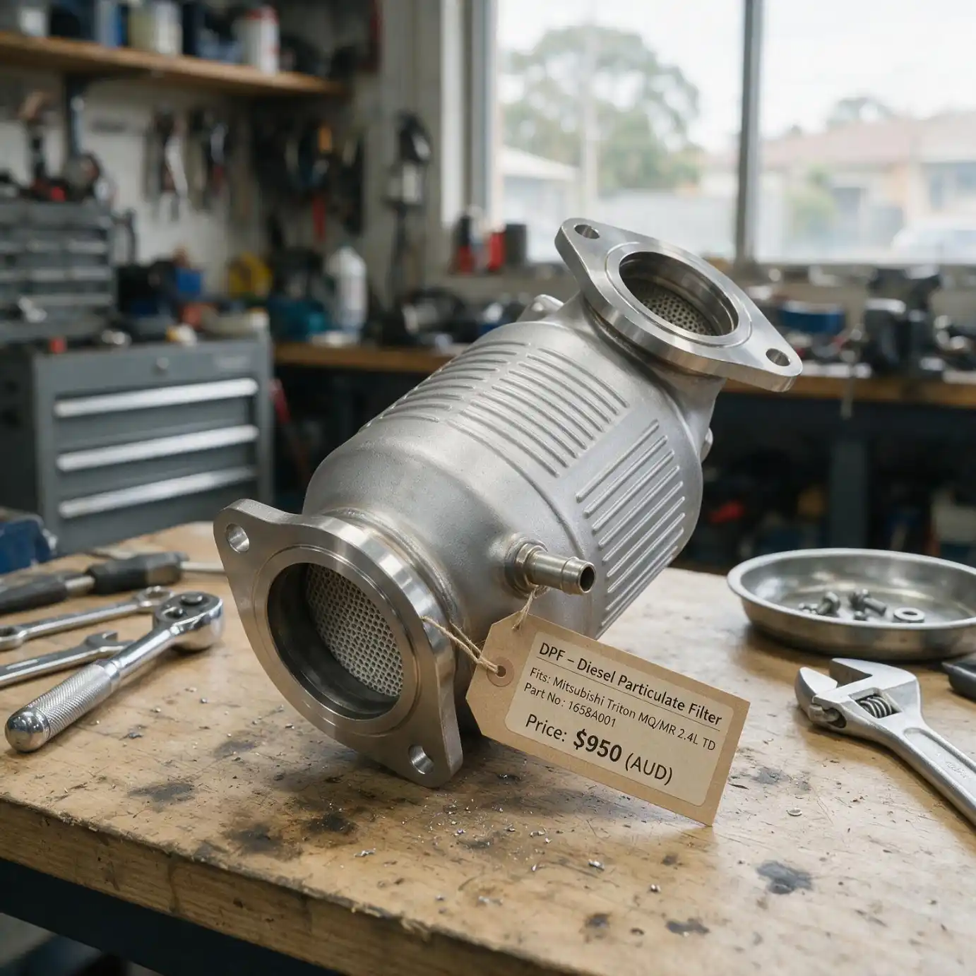 Diesel particulate filter (DPF) for Mitsubishi Triton with price tag showing $950 AUD valuation at Metal Max Recyclers Sydney
