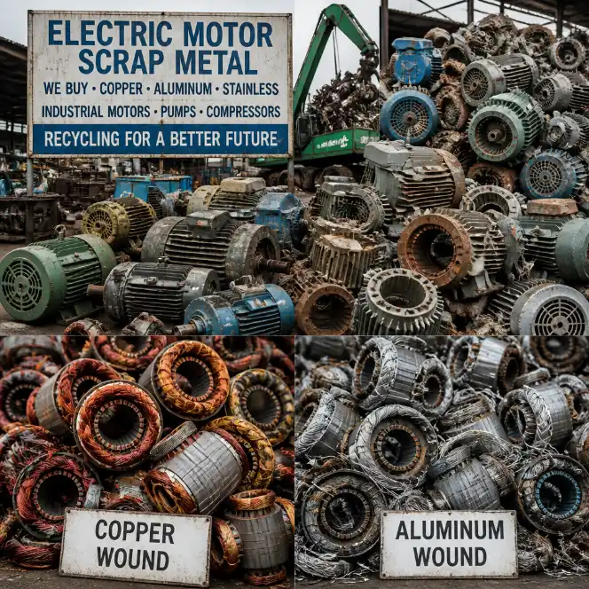 Electric motor scrap collage showing copper wound and aluminum wound motor windings