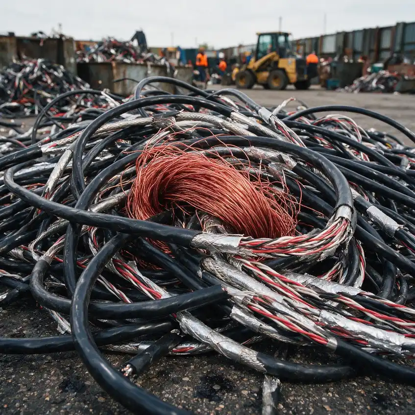Stripped copper wire coiled among cable scrap at a Sydney recycling yard