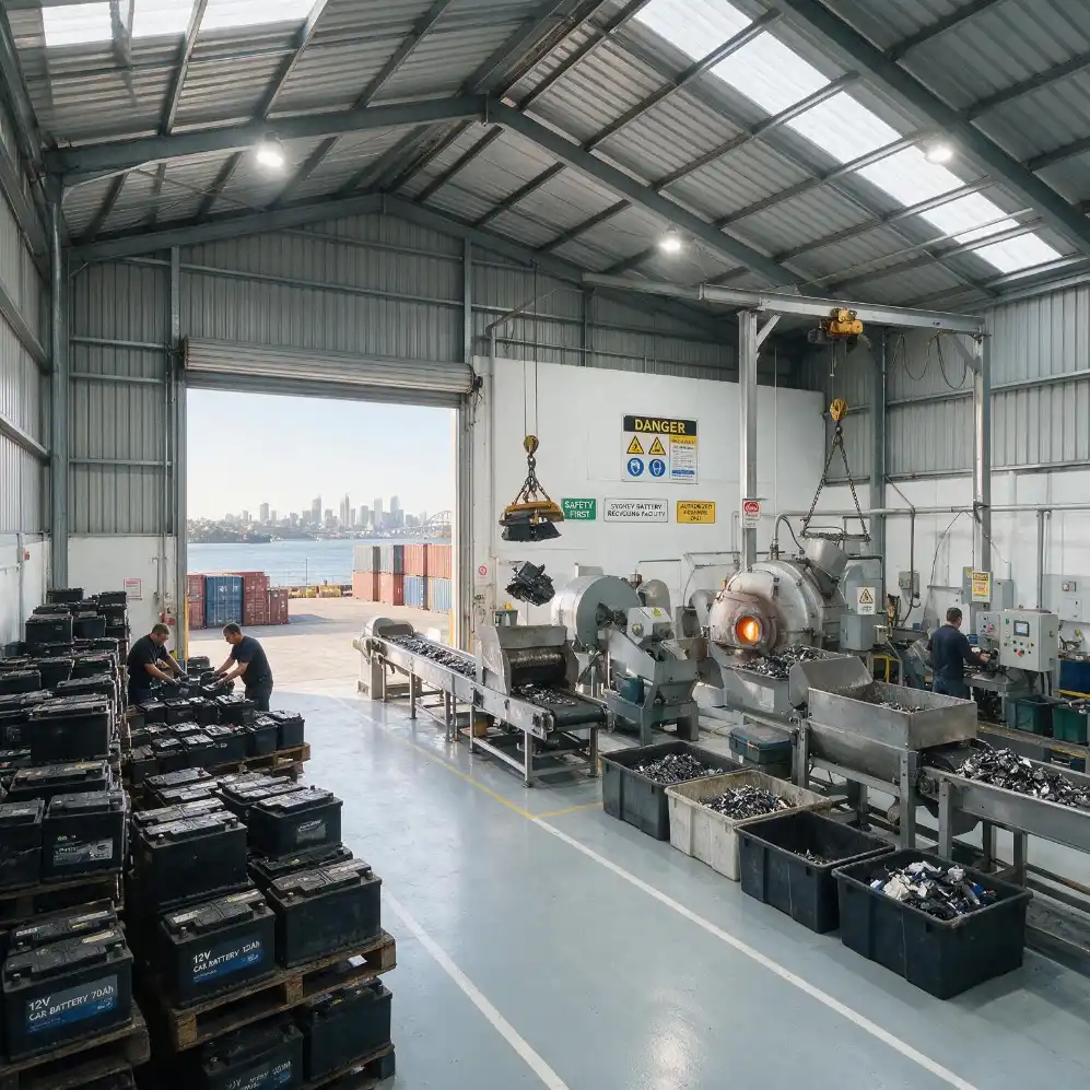 Workers processing batteries at an industrial recycling facility overlooking Sydney Harbour