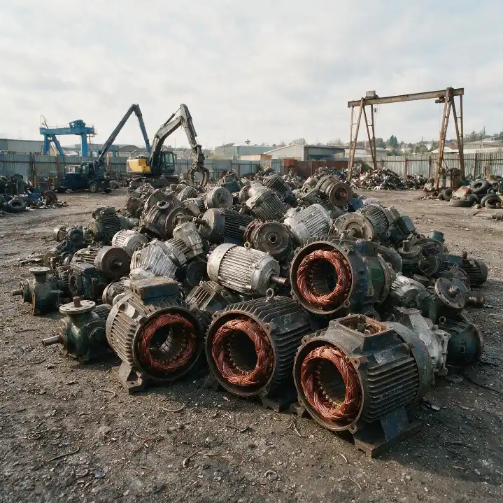 Pile of industrial electric motors with exposed copper windings at a scrap metal yard