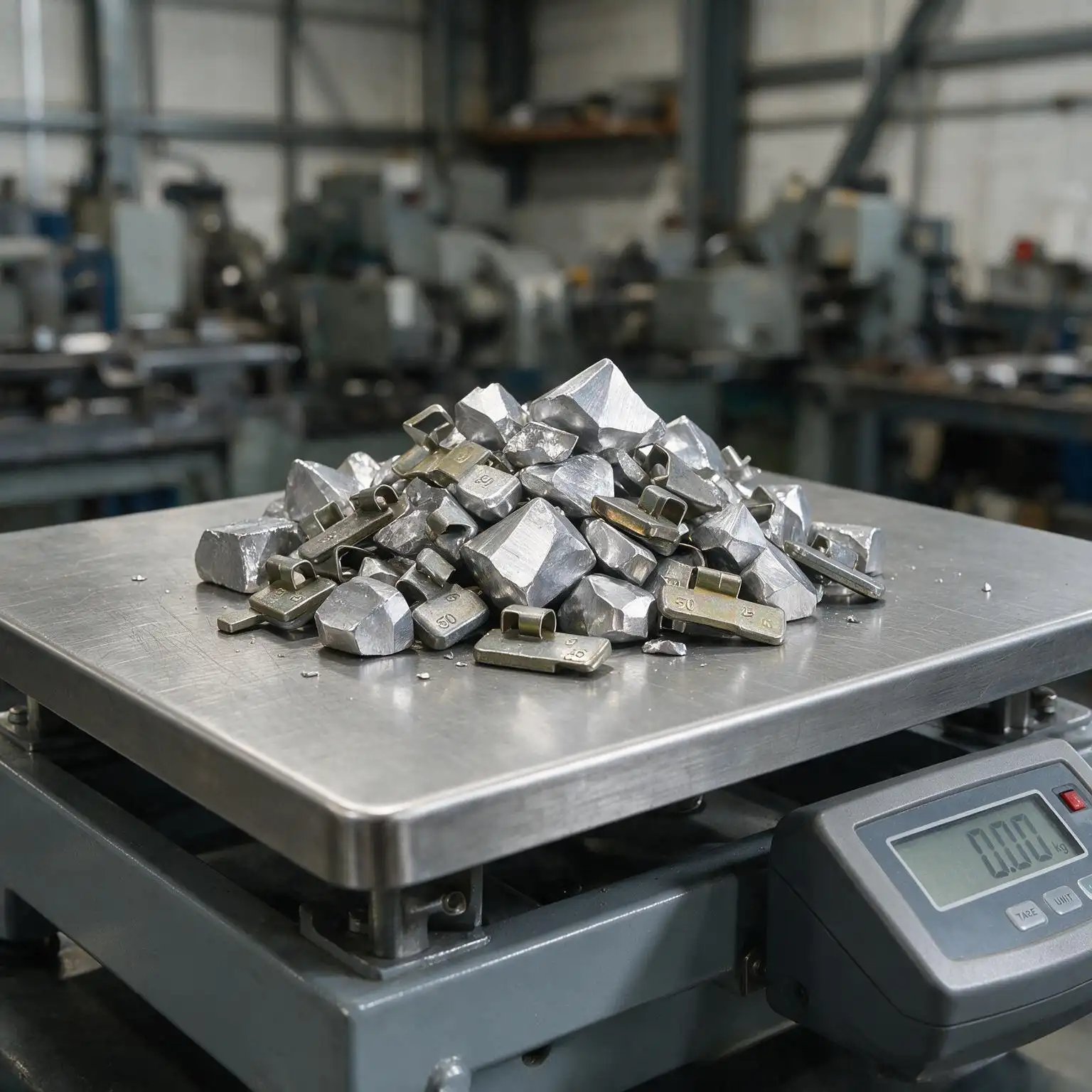 Lead wheel weights and scrap lead pieces on a calibrated weighing scale