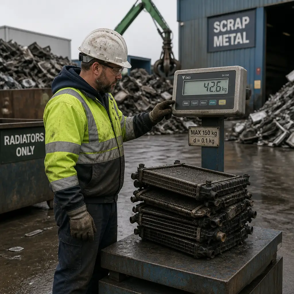 Worker weighing scrap radiators on a calibrated scale at a Sydney recycling yard