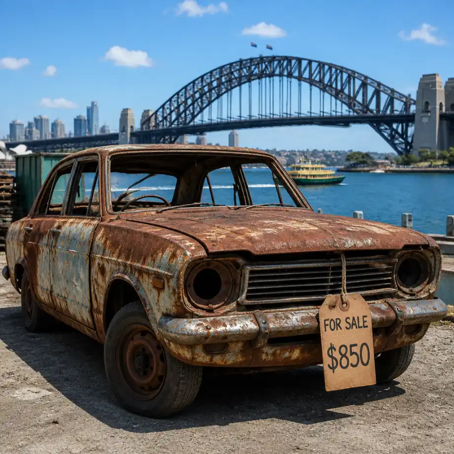 Rusted scrap car with Sydney Harbour Bridge in the background