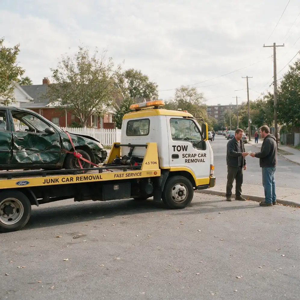 Tow truck operator paying cash on the spot for a damaged scrap car