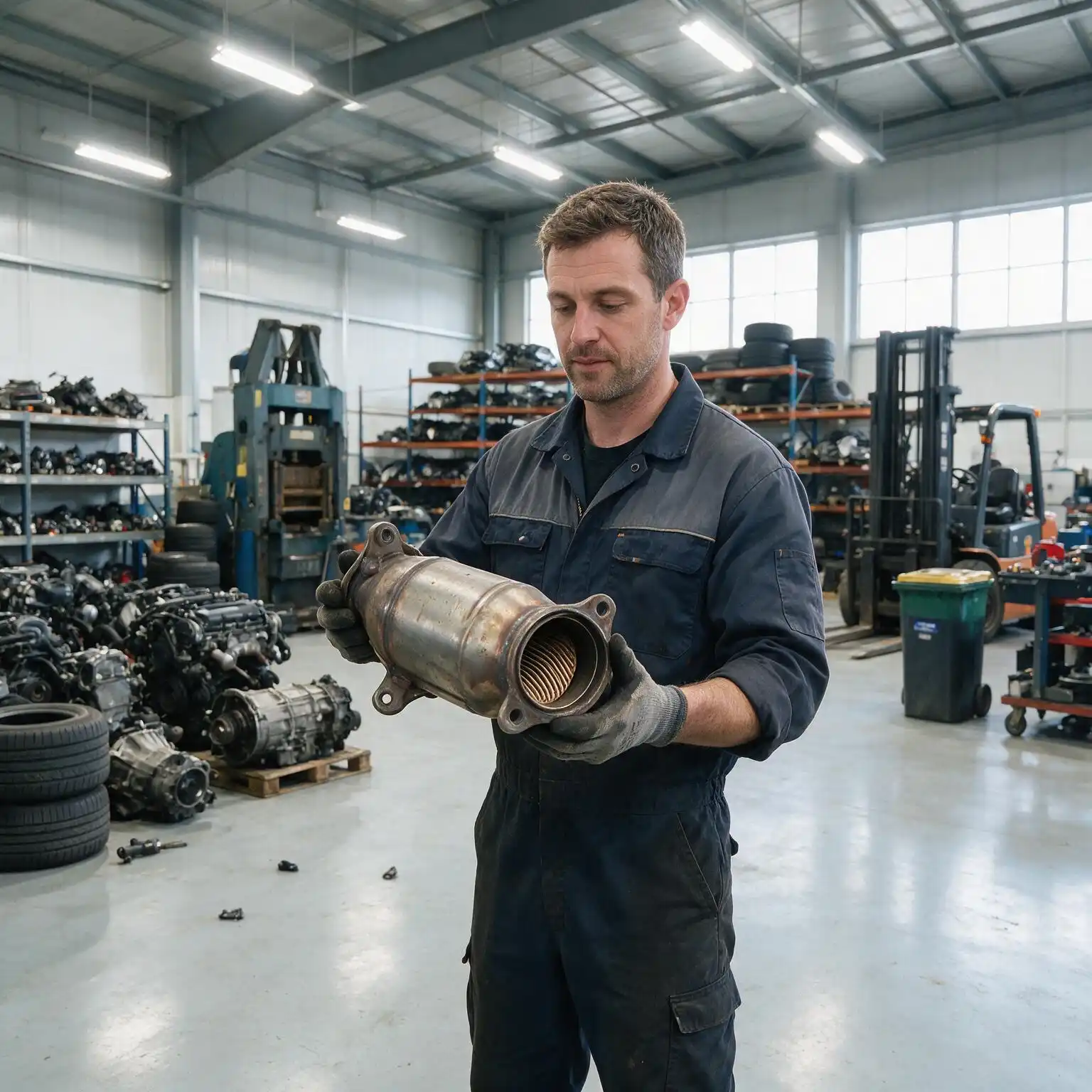 Mechanic inspecting a catalytic converter for scrap value assessment in Sydney
