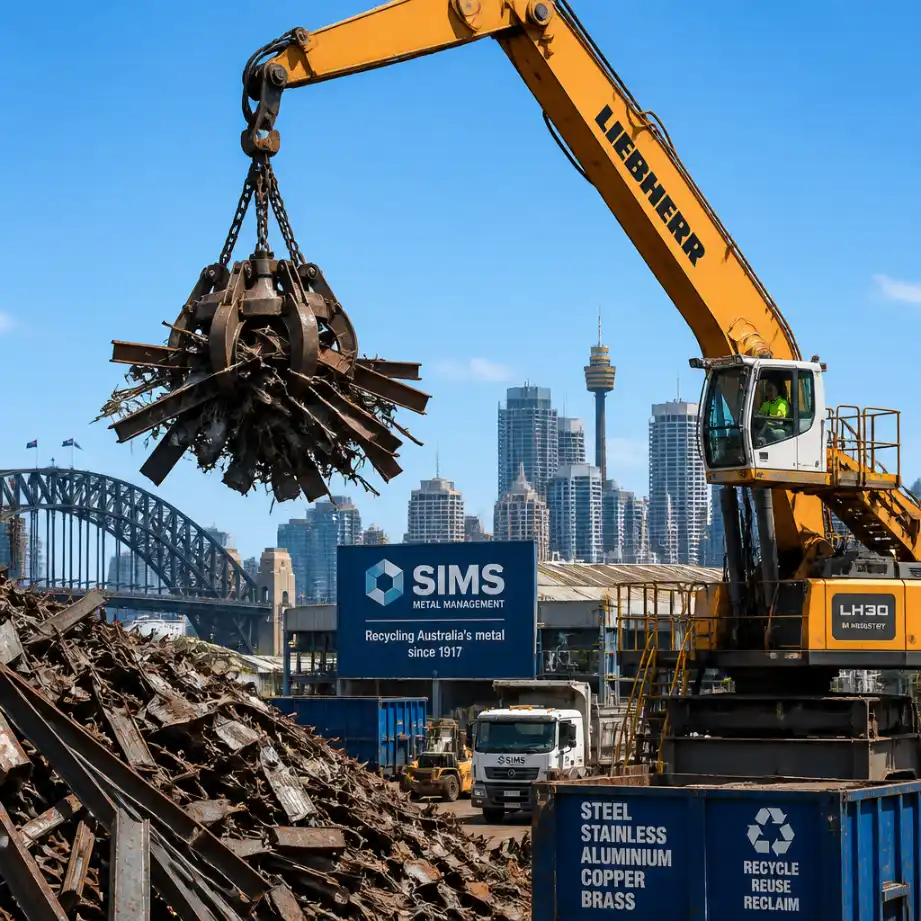 Crane grapple lifting structural steel scrap at a Sydney recycling yard near the Harbour Bridge