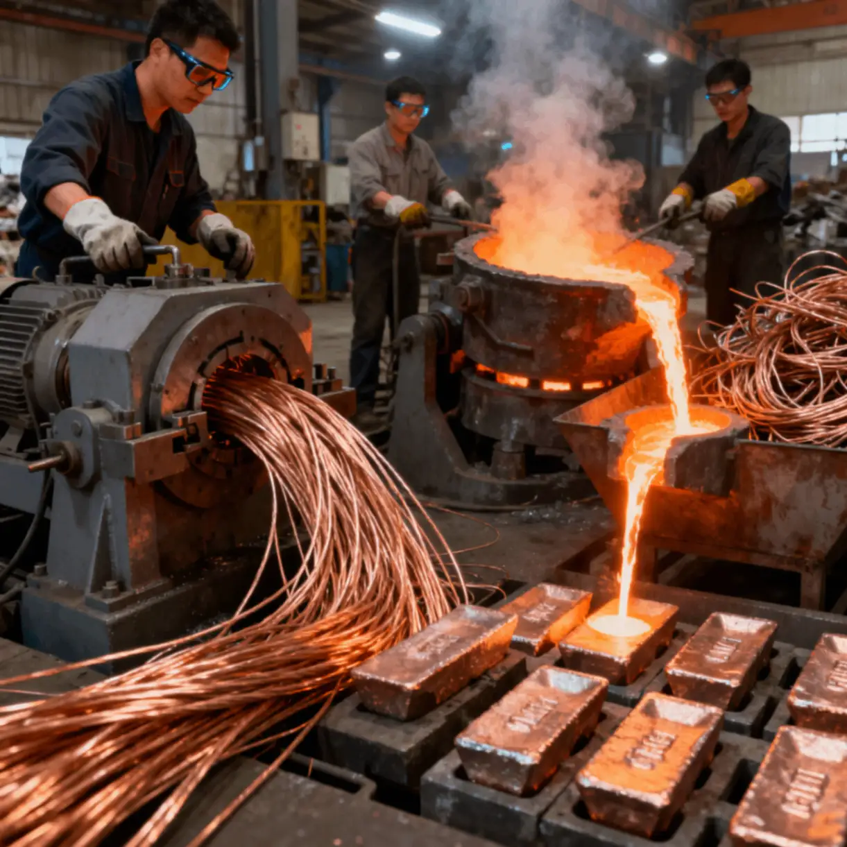 Excavator grapple sorting mixed copper and scrap metal for recycling collection in Sydney